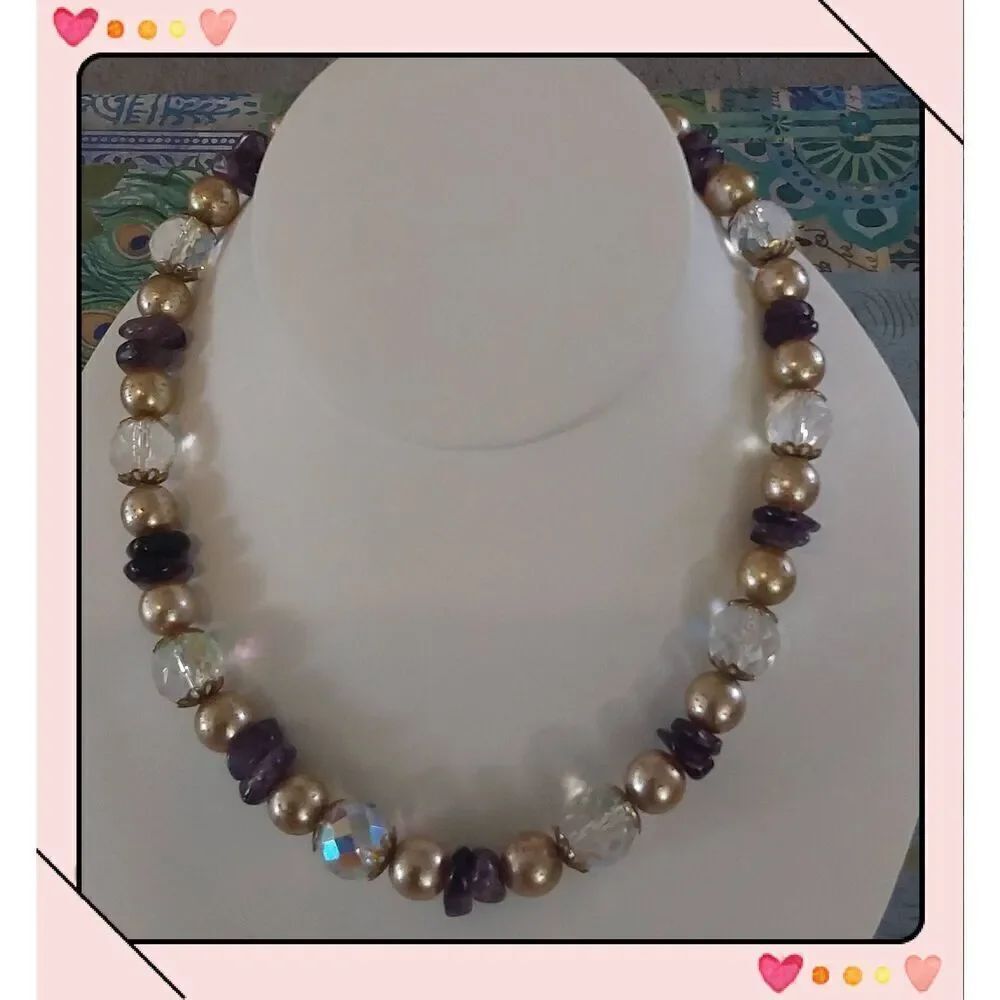 Gorgeous Vintage Faceted Crystal Bead~Genuine Amethyst Gems~Gold Bead Necklace